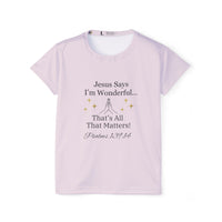 Jesus Says I'm Wonderful Women's Tee, Ivory Blush-KVOM; KVOM Christian Clothing; Women’s Clothing; Women's Vintage Clothing; Dainty Vintage; Women’s T-Shirts; Hoodies Sale; Ladies Tops; Ladies Dresses; Floral Tops; Floral Dresses; Flower Clothes; Activewear; Glorious; Psalms; Blessings On Blessings; Teens Clothing; Christian Book Store; Girl’s Clothing Sale; Mother’s Day Sale; Gifts For Sister; Christian Gifts; Gifts for Daughter; Spring Sale; Clearance Sale; Jesus; Christ Is King; Holy Ghost; God Got Me; S