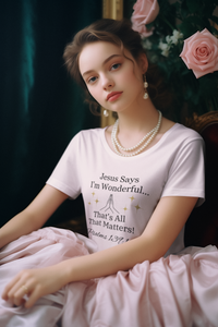 Jesus Says I'm Wonderful Women's Tee, Pink Ivory-KVOM; KVOM Christian Clothing; Women’s Clothing; Women's Vintage Clothing; Dainty Vintage; Women’s T-Shirts; Hoodies Sale; Ladies Tops; Ladies Dresses; Floral Tops; Floral Dresses; Flower Clothes; Activewear; Glorious; Psalms; Blessings On Blessings; Teens Clothing; Christian Book Store; Girl’s Clothing Sale; Mother’s Day Sale; Gifts For Sister; Christian Gifts; Gifts for Daughter; Spring Sale; Clearance Sale; Jesus; Christ Is King; Holy Ghost; God Got Me; Sp