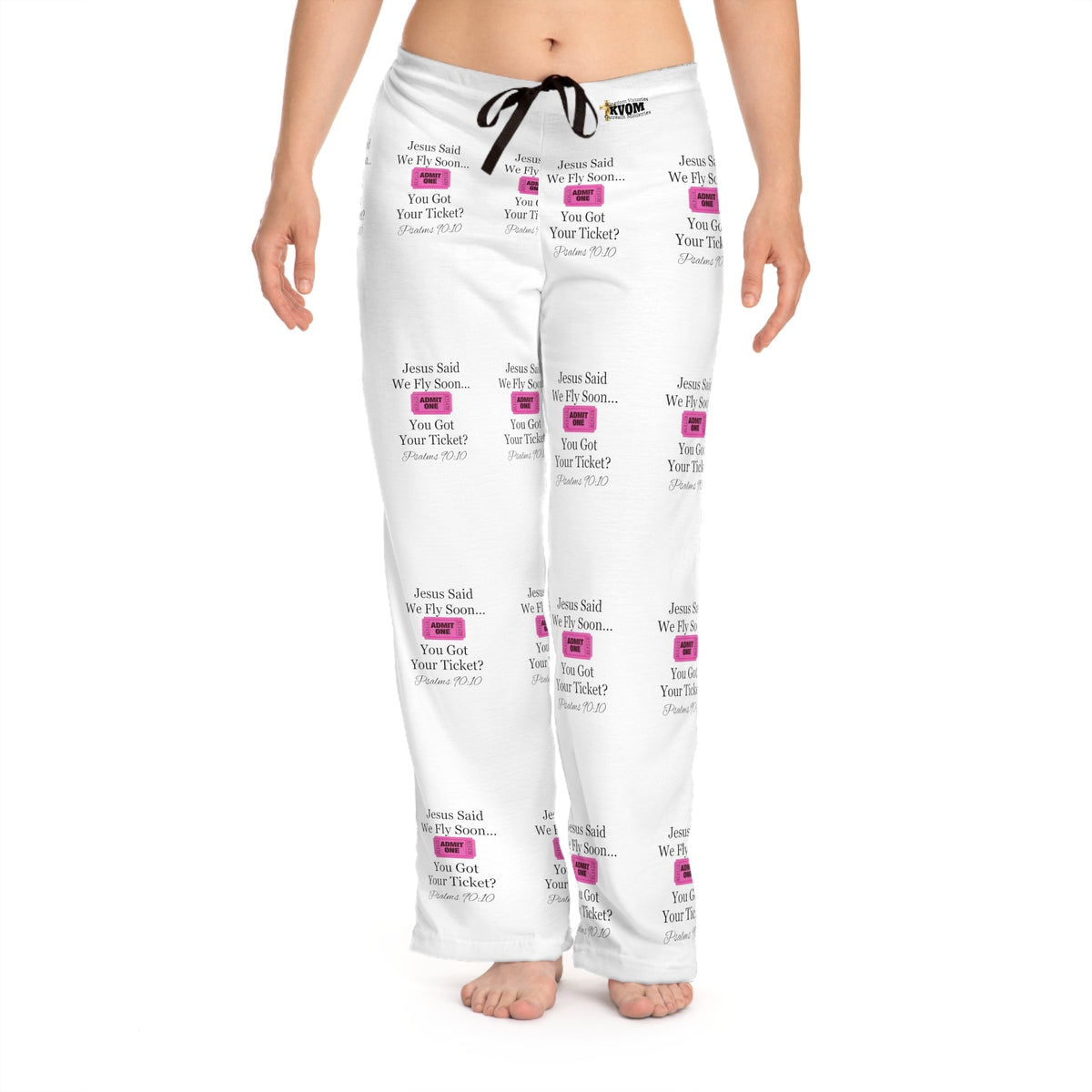 Jesus Says We Fly Soon Ticket? Women's Comfy Pants, White-KVOM