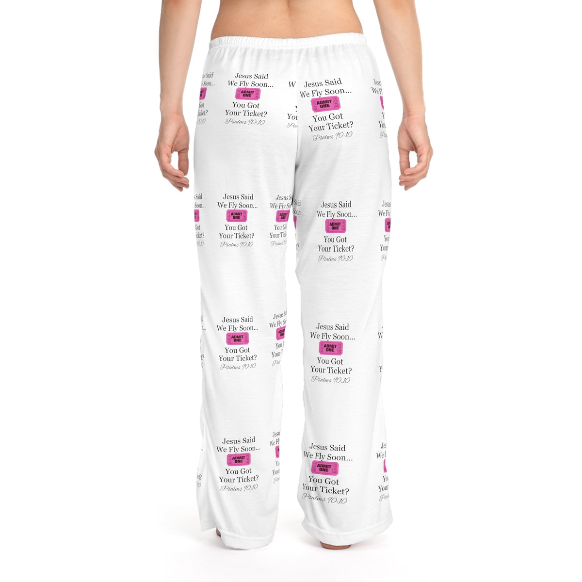 Jesus Says We Fly Soon Ticket? Women's Comfy Pants, White-KVOM