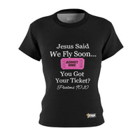 Jesus Says We Fly Soon Ticket? Women's Fitted Shirt Black-KVOM