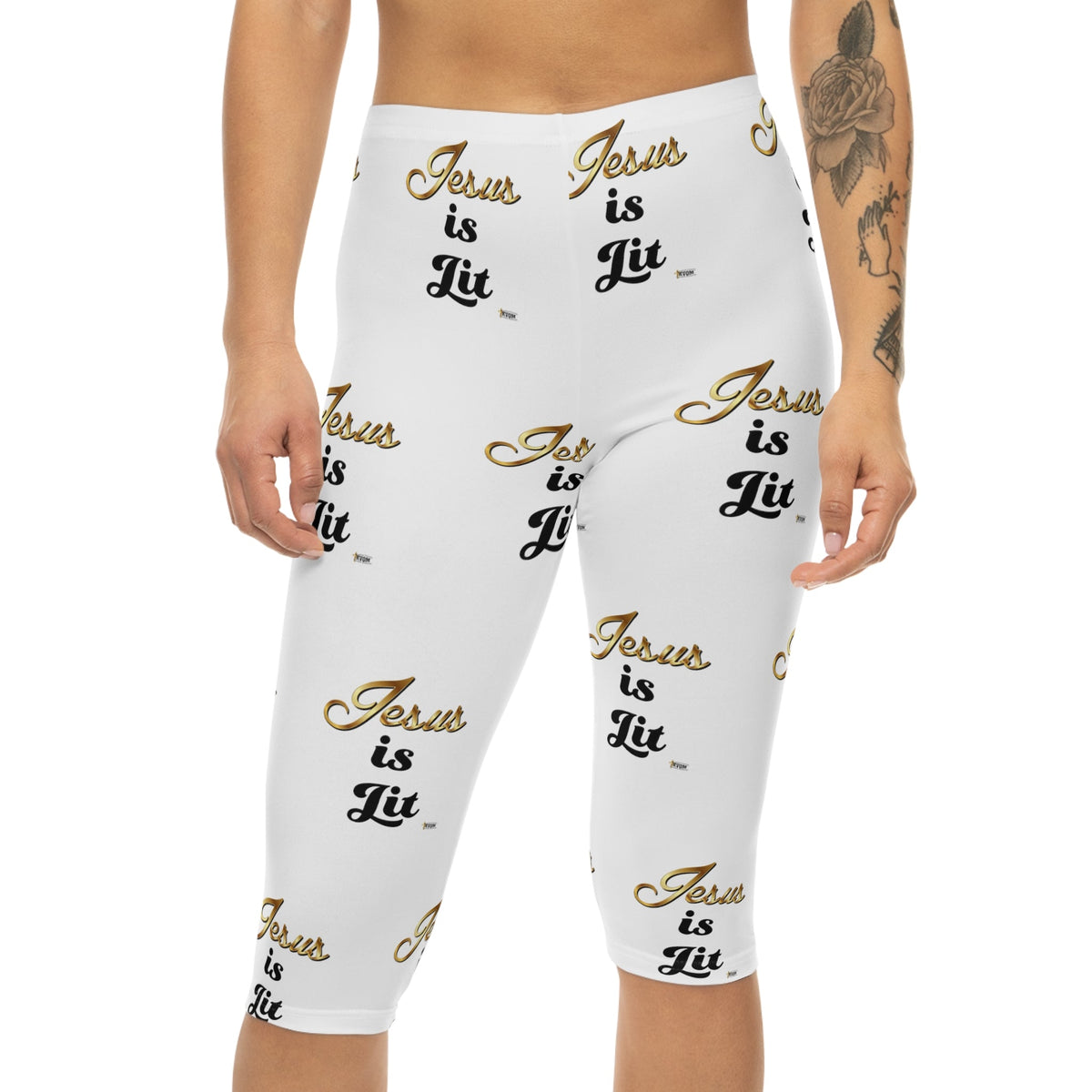 Jesus is LIt Women’s Capri Leggings-KVOM KVOM Christian Clothing; Women’s Clothing; Women’s T-Shirts; Men's Clothing; Men's T-Shirts, Hoodies Sale; Ladies Tops; Ladies Dresses; Floral Tops; Floral Dresses; Flower Clothes; Activewear; Glorious; Psalms; Blessings On Blessings; Teens Clothing; Christian Book Store; Girl’s Clothing Sale; Mother’s Day Sale; Gifts For Sister; Christian Gifts; Gifts for Daughter; Spring Sale; Clearance Sale; Jesus; Christ Is King; Holy Ghost; God Got Me; Spiritual Warrior; Prophet