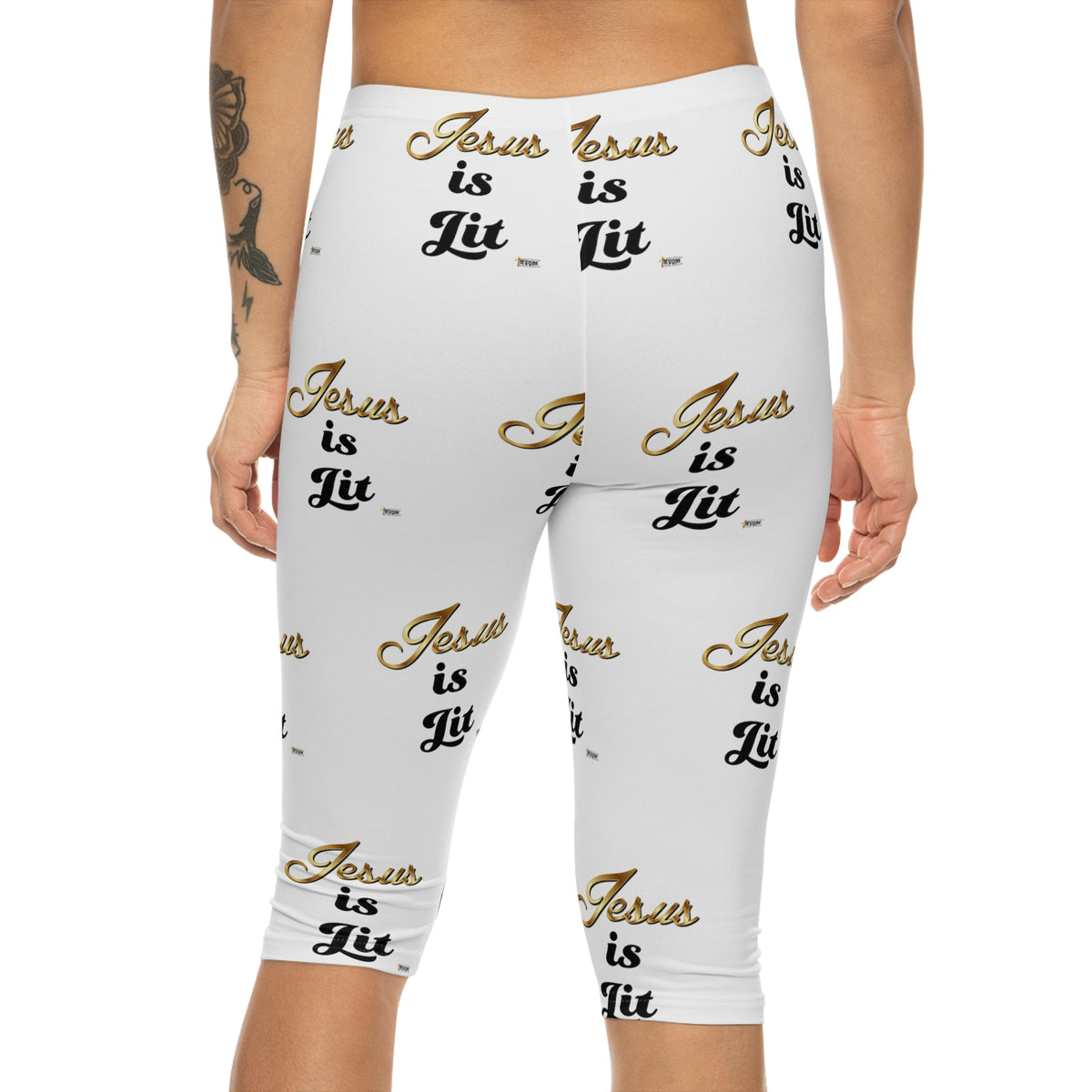 Jesus is LIt Women’s Capri Leggings-KVOM KVOM Christian Clothing; Women’s Clothing; Women’s T-Shirts; Men's Clothing; Men's T-Shirts, Hoodies Sale; Ladies Tops; Ladies Dresses; Floral Tops; Floral Dresses; Flower Clothes; Activewear; Glorious; Psalms; Blessings On Blessings; Teens Clothing; Christian Book Store; Girl’s Clothing Sale; Mother’s Day Sale; Gifts For Sister; Christian Gifts; Gifts for Daughter; Spring Sale; Clearance Sale; Jesus; Christ Is King; Holy Ghost; God Got Me; Spiritual Warrior; Prophet