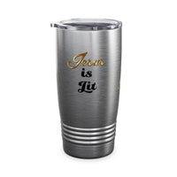 Jesus is Lit Ringneck Tumbler, 20oz, Steel, White-KVOM KVOM Christian Clothing; Women’s Clothing; Women’s T-Shirts; Men's Clothing; Men's T-Shirts, Hoodies Sale; Ladies Tops; Ladies Dresses; Floral Tops; Floral Dresses; Flower Clothes; Activewear; Glorious; Psalms; Blessings On Blessings; Teens Clothing; Christian Book Store; Girl’s Clothing Sale; Mother’s Day Sale; Gifts For Sister; Christian Gifts; Gifts for Daughter; Spring Sale; Clearance Sale; Jesus; Christ Is King; Holy Ghost; God Got Me; Spiritual Wa