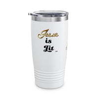 Jesus is Lit Ringneck Tumbler, 20oz, Steel, White-KVOM KVOM Christian Clothing; Women’s Clothing; Women’s T-Shirts; Men's Clothing; Men's T-Shirts, Hoodies Sale; Ladies Tops; Ladies Dresses; Floral Tops; Floral Dresses; Flower Clothes; Activewear; Glorious; Psalms; Blessings On Blessings; Teens Clothing; Christian Book Store; Girl’s Clothing Sale; Mother’s Day Sale; Gifts For Sister; Christian Gifts; Gifts for Daughter; Spring Sale; Clearance Sale; Jesus; Christ Is King; Holy Ghost; God Got Me; Spiritual Wa