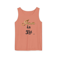 Jesus is Lit Unisex Garment-Dyed Tank Top-KVOM KVOM Christian Clothing; Women’s Clothing; Women’s T-Shirts; Men's Clothing; Men's T-Shirts, Hoodies Sale; Ladies Tops; Ladies Dresses; Floral Tops; Floral Dresses; Flower Clothes; Activewear; Glorious; Psalms; Blessings On Blessings; Teens Clothing; Christian Book Store; Girl’s Clothing Sale; Mother’s Day Sale; Gifts For Sister; Christian Gifts; Gifts for Daughter; Spring Sale; Clearance Sale; Jesus; Christ Is King; Holy Ghost; God Got Me; Spiritual Warrior; P