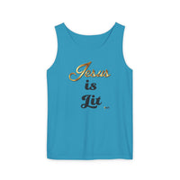 Jesus is Lit Unisex Garment-Dyed Tank Top-KVOM KVOM Christian Clothing; Women’s Clothing; Women’s T-Shirts; Men's Clothing; Men's T-Shirts, Hoodies Sale; Ladies Tops; Ladies Dresses; Floral Tops; Floral Dresses; Flower Clothes; Activewear; Glorious; Psalms; Blessings On Blessings; Teens Clothing; Christian Book Store; Girl’s Clothing Sale; Mother’s Day Sale; Gifts For Sister; Christian Gifts; Gifts for Daughter; Spring Sale; Clearance Sale; Jesus; Christ Is King; Holy Ghost; God Got Me; Spiritual Warrior; P