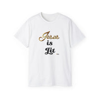 Jesus is Lit Unisex Ultra Cotton Tee-KVOM KVOM Christian Clothing; Women’s Clothing; Women’s T-Shirts; Men's Clothing; Men's T-Shirts, Hoodies Sale; Ladies Tops; Ladies Dresses; Floral Tops; Floral Dresses; Flower Clothes; Activewear; Glorious; Psalms; Blessings On Blessings; Teens Clothing; Christian Book Store; Girl’s Clothing Sale; Mother’s Day Sale; Gifts For Sister; Christian Gifts; Gifts for Daughter; Spring Sale; Clearance Sale; Jesus; Christ Is King; Holy Ghost; God Got Me; Spiritual Warrior; Prophe