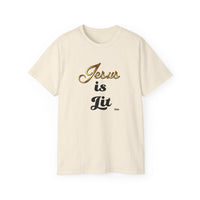 Jesus is Lit Unisex Ultra Cotton Tee-KVOM KVOM Christian Clothing; Women’s Clothing; Women’s T-Shirts; Men's Clothing; Men's T-Shirts, Hoodies Sale; Ladies Tops; Ladies Dresses; Floral Tops; Floral Dresses; Flower Clothes; Activewear; Glorious; Psalms; Blessings On Blessings; Teens Clothing; Christian Book Store; Girl’s Clothing Sale; Mother’s Day Sale; Gifts For Sister; Christian Gifts; Gifts for Daughter; Spring Sale; Clearance Sale; Jesus; Christ Is King; Holy Ghost; God Got Me; Spiritual Warrior; Prophe