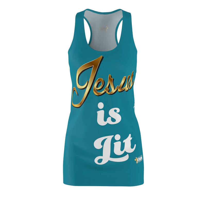 Jesus is Lit Women's Branded Racerback Dress, Aqua-KVOM KVOM Christian Clothing; Women’s Clothing; Women’s T-Shirts; Men's Clothing; Men's T-Shirts, Hoodies Sale; Ladies Tops; Ladies Dresses; Floral Tops; Floral Dresses; Flower Clothes; Activewear; Glorious; Psalms; Blessings On Blessings; Teens Clothing; Christian Book Store; Girl’s Clothing Sale; Mother’s Day Sale; Gifts For Sister; Christian Gifts; Gifts for Daughter; Spring Sale; Clearance Sale; Jesus; Christ Is King; Holy Ghost; God Got Me; Spiritual W