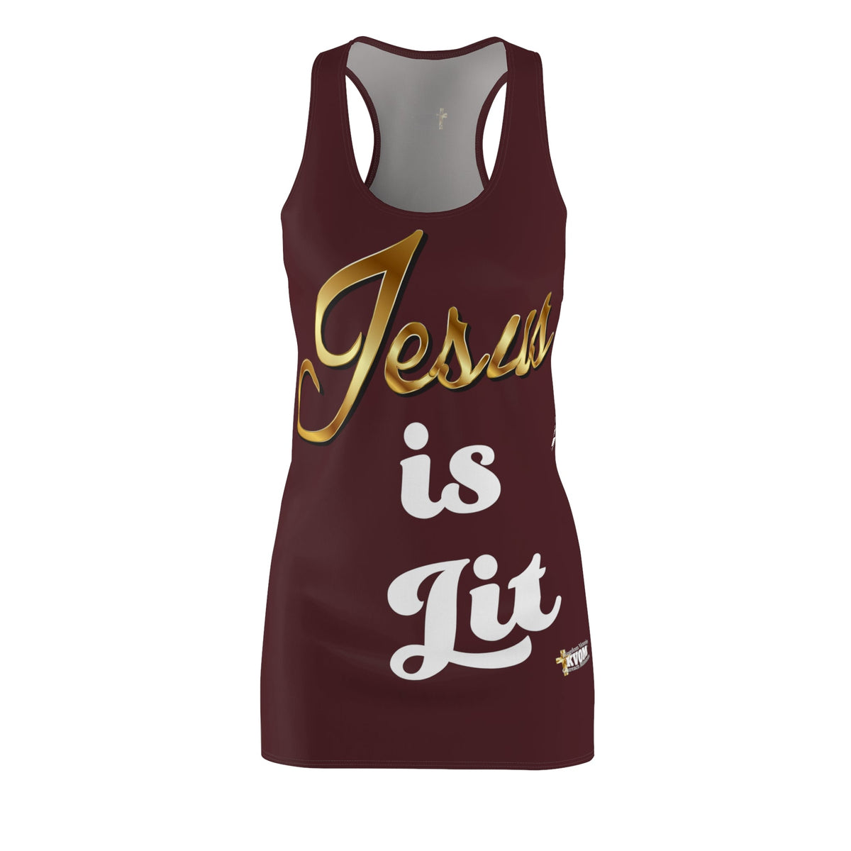 Jesus is Lit Women's Branded Racerback Dress, Brick-KVOM KVOM Christian Clothing; Women’s Clothing; Women’s T-Shirts; Men's Clothing; Men's T-Shirts, Hoodies Sale; Ladies Tops; Ladies Dresses; Floral Tops; Floral Dresses; Flower Clothes; Activewear; Glorious; Psalms; Blessings On Blessings; Teens Clothing; Christian Book Store; Girl’s Clothing Sale; Mother’s Day Sale; Gifts For Sister; Christian Gifts; Gifts for Daughter; Spring Sale; Clearance Sale; Jesus; Christ Is King; Holy Ghost; God Got Me; Spiritual 