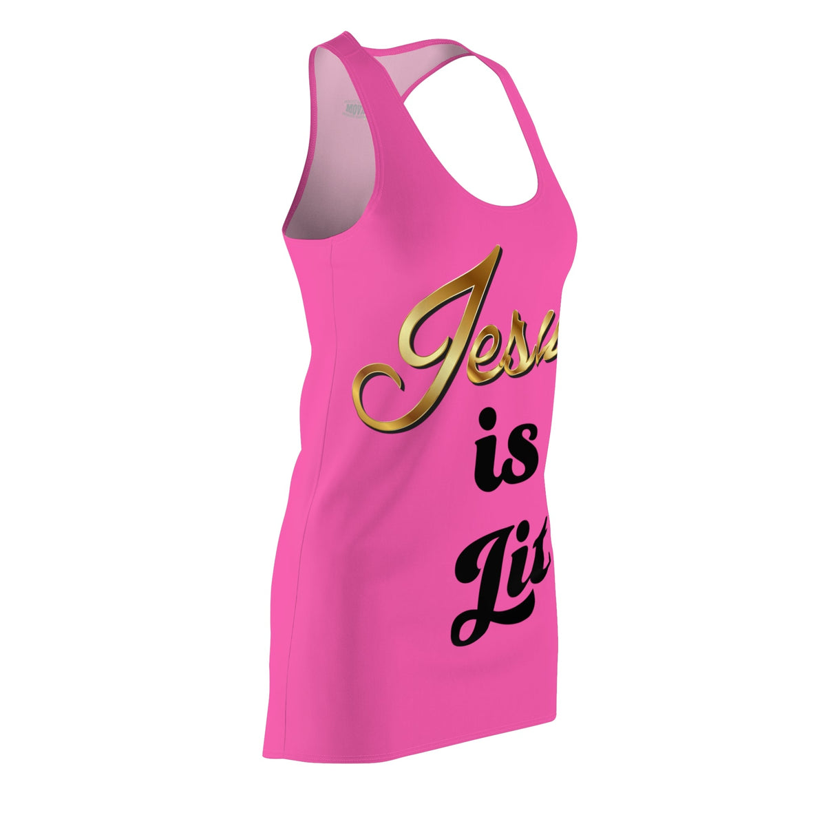 Jesus is Lit Women's Branded Racerback Dress, Candy Pink-KVOM KVOM Christian Clothing; Women’s Clothing; Women’s T-Shirts; Men's Clothing; Men's T-Shirts, Hoodies Sale; Ladies Tops; Ladies Dresses; Floral Tops; Floral Dresses; Flower Clothes; Activewear; Glorious; Psalms; Blessings On Blessings; Teens Clothing; Christian Book Store; Girl’s Clothing Sale; Mother’s Day Sale; Gifts For Sister; Christian Gifts; Gifts for Daughter; Spring Sale; Clearance Sale; Jesus; Christ Is King; Holy Ghost; God Got Me; Spiri