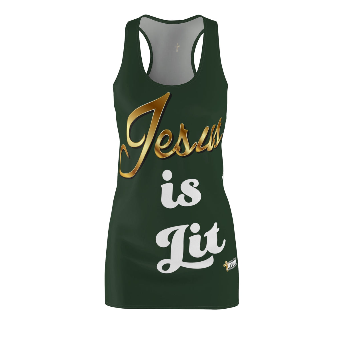 Jesus is Lit Women's Branded Racerback Dress, Forest Green-KVOM KVOM Christian Clothing; Women’s Clothing; Women’s T-Shirts; Men's Clothing; Men's T-Shirts, Hoodies Sale; Ladies Tops; Ladies Dresses; Floral Tops; Floral Dresses; Flower Clothes; Activewear; Glorious; Psalms; Blessings On Blessings; Teens Clothing; Christian Book Store; Girl’s Clothing Sale; Mother’s Day Sale; Gifts For Sister; Christian Gifts; Gifts for Daughter; Spring Sale; Clearance Sale; Jesus; Christ Is King; Holy Ghost; God Got Me; Spi