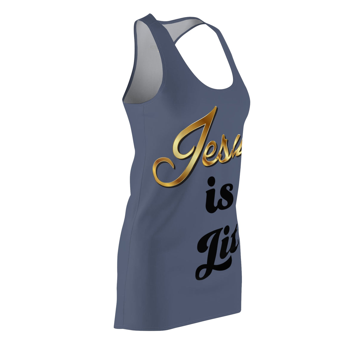 Jesus is Lit Women's Branded Racerback Dress, Indigo-KVOM KVOM Christian Clothing; Women’s Clothing; Women’s T-Shirts; Men's Clothing; Men's T-Shirts, Hoodies Sale; Ladies Tops; Ladies Dresses; Floral Tops; Floral Dresses; Flower Clothes; Activewear; Glorious; Psalms; Blessings On Blessings; Teens Clothing; Christian Book Store; Girl’s Clothing Sale; Mother’s Day Sale; Gifts For Sister; Christian Gifts; Gifts for Daughter; Spring Sale; Clearance Sale; Jesus; Christ Is King; Holy Ghost; God Got Me; Spiritual