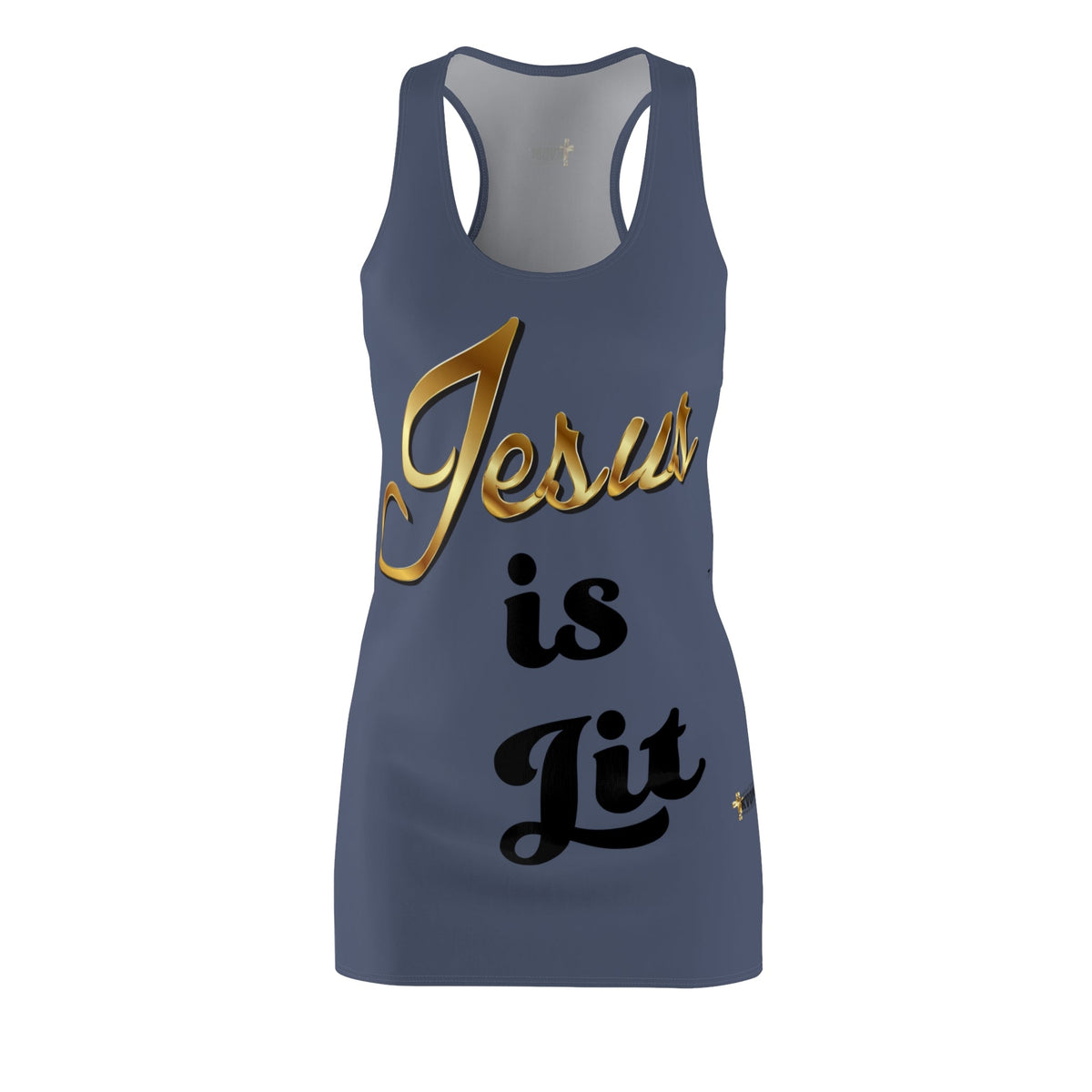 Jesus is Lit Women's Branded Racerback Dress, Indigo-KVOM KVOM Christian Clothing; Women’s Clothing; Women’s T-Shirts; Men's Clothing; Men's T-Shirts, Hoodies Sale; Ladies Tops; Ladies Dresses; Floral Tops; Floral Dresses; Flower Clothes; Activewear; Glorious; Psalms; Blessings On Blessings; Teens Clothing; Christian Book Store; Girl’s Clothing Sale; Mother’s Day Sale; Gifts For Sister; Christian Gifts; Gifts for Daughter; Spring Sale; Clearance Sale; Jesus; Christ Is King; Holy Ghost; God Got Me; Spiritual