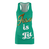 Jesus is Lit Women's Branded Racerback Dress, Ocean Green-KVOM KVOM Christian Clothing; Women’s Clothing; Women’s T-Shirts; Men's Clothing; Men's T-Shirts, Hoodies Sale; Ladies Tops; Ladies Dresses; Floral Tops; Floral Dresses; Flower Clothes; Activewear; Glorious; Psalms; Blessings On Blessings; Teens Clothing; Christian Book Store; Girl’s Clothing Sale; Mother’s Day Sale; Gifts For Sister; Christian Gifts; Gifts for Daughter; Spring Sale; Clearance Sale; Jesus; Christ Is King; Holy Ghost; God Got Me; Spir