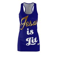 Jesus is Lit Women's Branded Racerback Dress, Royal Navy Blue-KVOM KVOM Christian Clothing; Women’s Clothing; Women’s T-Shirts; Men's Clothing; Men's T-Shirts, Hoodies Sale; Ladies Tops; Ladies Dresses; Floral Tops; Floral Dresses; Flower Clothes; Activewear; Glorious; Psalms; Blessings On Blessings; Teens Clothing; Christian Book Store; Girl’s Clothing Sale; Mother’s Day Sale; Gifts For Sister; Christian Gifts; Gifts for Daughter; Spring Sale; Clearance Sale; Jesus; Christ Is King; Holy Ghost; God Got Me; 