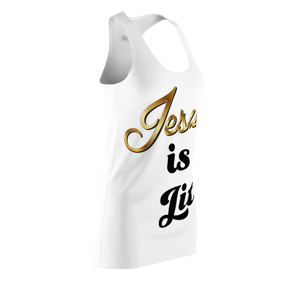 Jesus is Lit Women's Branded Racerback Dress, White-KVOM KVOM Christian Clothing; Women’s Clothing; Women’s T-Shirts; Men's Clothing; Men's T-Shirts, Hoodies Sale; Ladies Tops; Ladies Dresses; Floral Tops; Floral Dresses; Flower Clothes; Activewear; Glorious; Psalms; Blessings On Blessings; Teens Clothing; Christian Book Store; Girl’s Clothing Sale; Mother’s Day Sale; Gifts For Sister; Christian Gifts; Gifts for Daughter; Spring Sale; Clearance Sale; Jesus; Christ Is King; Holy Ghost; God Got Me; Spiritual 