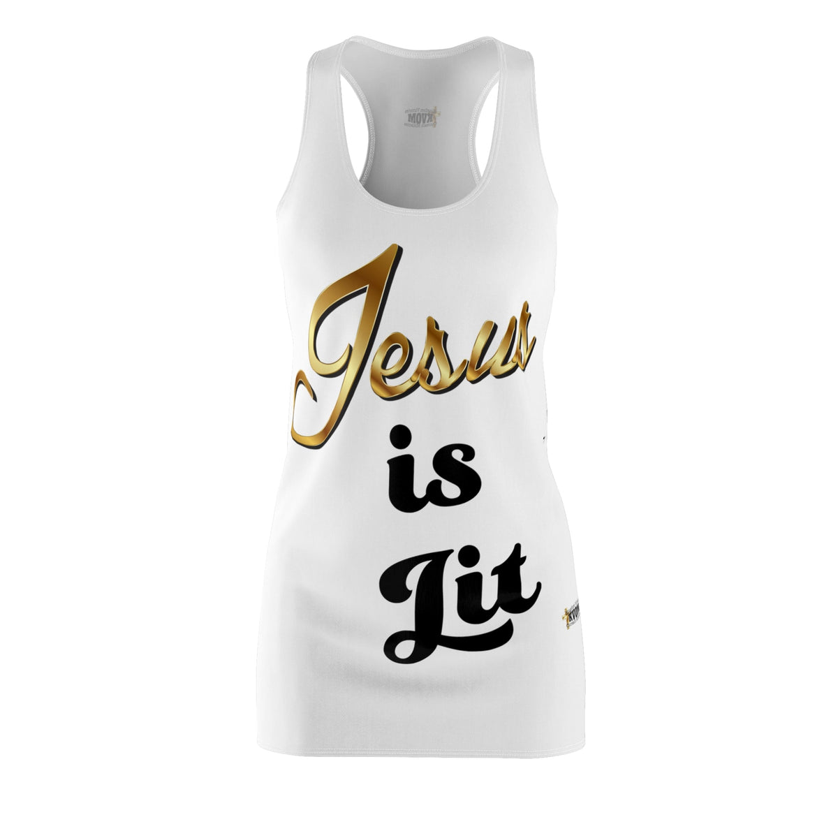 Jesus is Lit Women's Branded Racerback Dress, White-KVOM KVOM Christian Clothing; Women’s Clothing; Women’s T-Shirts; Men's Clothing; Men's T-Shirts, Hoodies Sale; Ladies Tops; Ladies Dresses; Floral Tops; Floral Dresses; Flower Clothes; Activewear; Glorious; Psalms; Blessings On Blessings; Teens Clothing; Christian Book Store; Girl’s Clothing Sale; Mother’s Day Sale; Gifts For Sister; Christian Gifts; Gifts for Daughter; Spring Sale; Clearance Sale; Jesus; Christ Is King; Holy Ghost; God Got Me; Spiritual 