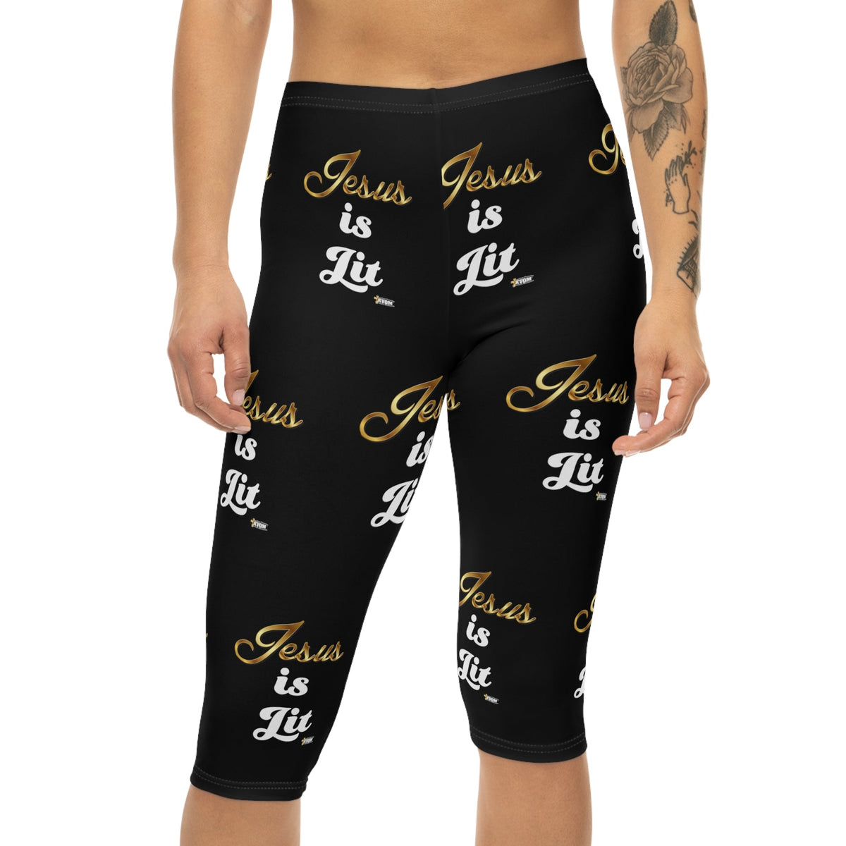 Jesus is Lit Women’s Capri Leggings-KVOM KVOM Christian Clothing; Women’s Clothing; Women’s T-Shirts; Men's Clothing; Men's T-Shirts, Hoodies Sale; Ladies Tops; Ladies Dresses; Floral Tops; Floral Dresses; Flower Clothes; Activewear; Glorious; Psalms; Blessings On Blessings; Teens Clothing; Christian Book Store; Girl’s Clothing Sale; Mother’s Day Sale; Gifts For Sister; Christian Gifts; Gifts for Daughter; Spring Sale; Clearance Sale; Jesus; Christ Is King; Holy Ghost; God Got Me; Spiritual Warrior; Prophet