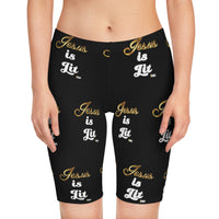 Jesus is Lit Women's Midi Shorts-KVOM KVOM Christian Clothing; Women’s Clothing; Women’s T-Shirts; Men's Clothing; Men's T-Shirts, Hoodies Sale; Ladies Tops; Ladies Dresses; Floral Tops; Floral Dresses; Flower Clothes; Activewear; Glorious; Psalms; Blessings On Blessings; Teens Clothing; Christian Book Store; Girl’s Clothing Sale; Mother’s Day Sale; Gifts For Sister; Christian Gifts; Gifts for Daughter; Spring Sale; Clearance Sale; Jesus; Christ Is King; Holy Ghost; God Got Me; Spiritual Warrior; Prophetic;