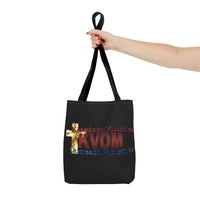 KVOM Logo Tote Bag, Black, Maroon Logo