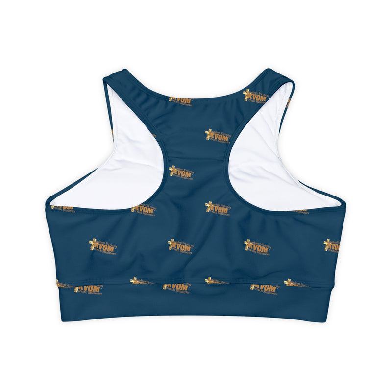 KVOM Logo True Gold Women's Sports Bra, Blue Jade