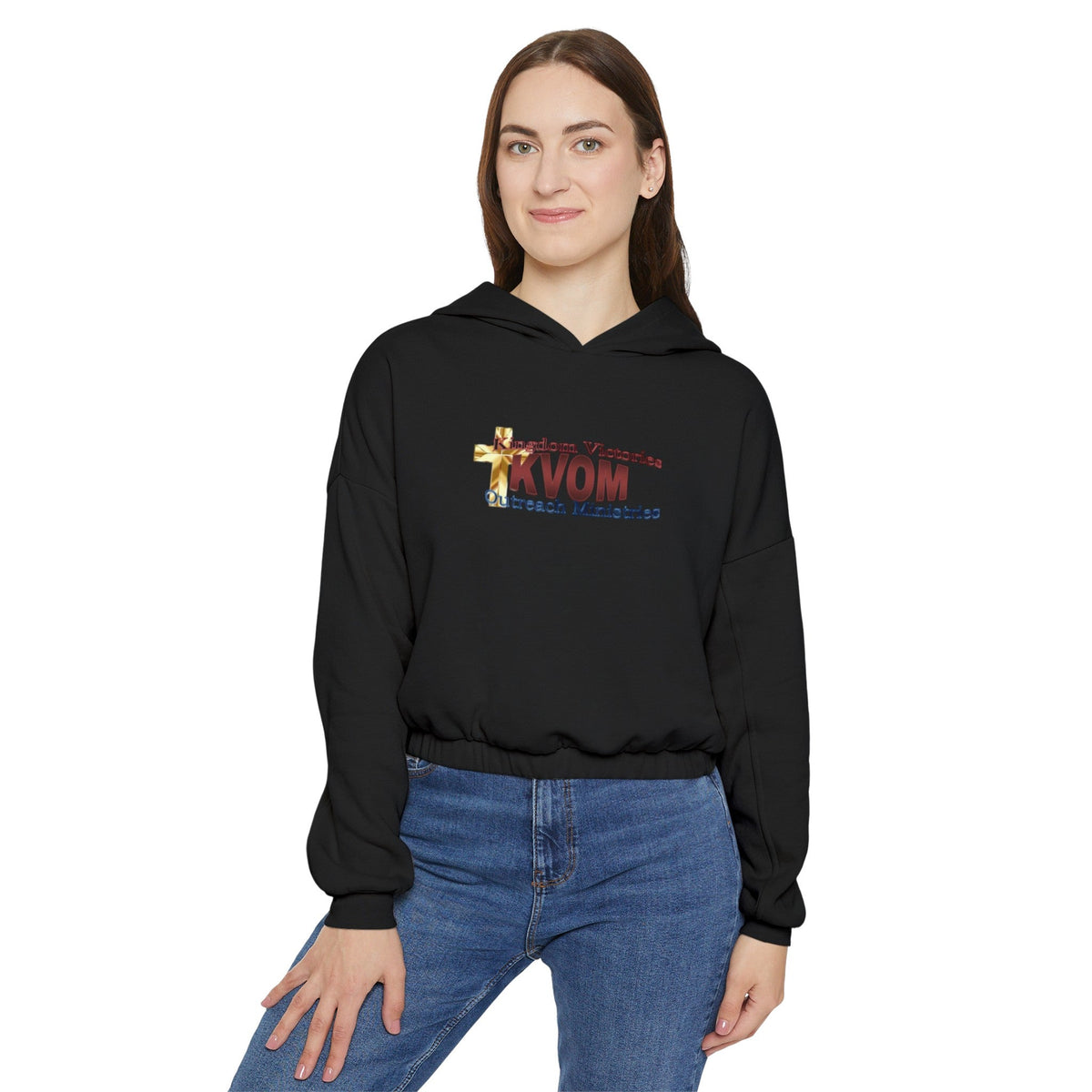 KVOM Logo Women's Cinched Bottom Hoodie, Black, Moses Temple Colored Logo-KVOM