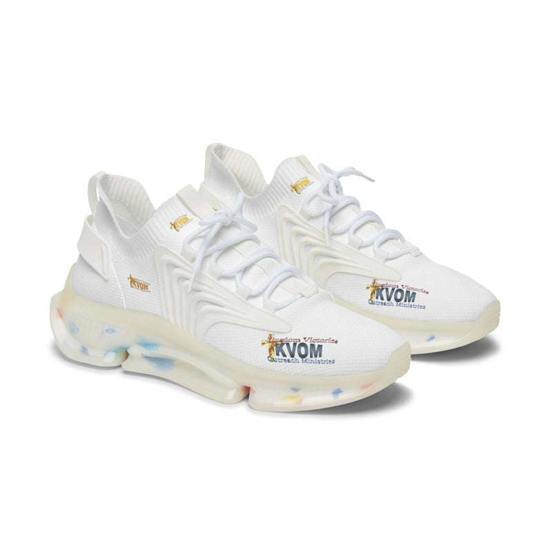 KVOM Logo Women's Mesh Sneakers, White, Multi Blue Logos-KVOM; KVOM Christian Clothing; Women’s Activewear; Workout Gear; Exercise Gear; Exercise Clothing; Duffle Bags; Christian Gym Bags; Women’s T-Shirts; Men’s T-Shirts Sale; Ladies Sports Tops; Ladies Sportswear; Activewear; Men’s Activewear; Gym Clothes; Glorious; Psalms; Blessings On Blessings; Teens Clothing; Exercise Mugs; Exercise Tumbler; Gym Gear; Christian Gym Clothes; Workout Clothing Sale; Mother’s Day Sale; Gifts For Sister; Christian Gifts; G