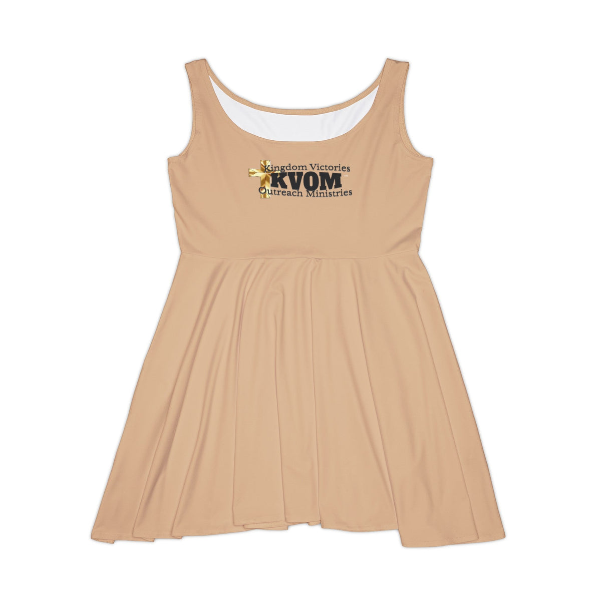 KVOM Logo Women's Skater Dress, Khaki Tan, Black Logo