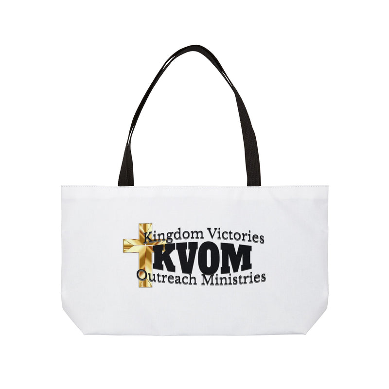 KVOM Weekender Tote Bag, White, Black Logo