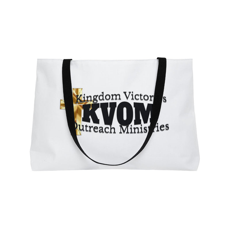 KVOM Weekender Tote Bag, White, Black Logo