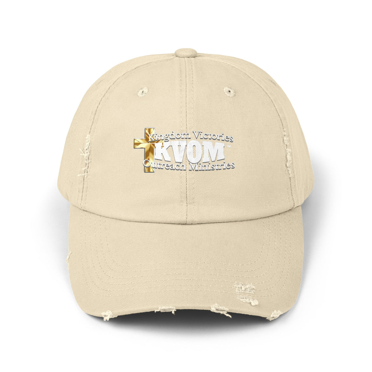 KVOM White Logo Distressed Cap-KVOM; Christian Clothing; Women’s Clothing; Men's Clothes, Men's Hats, Women’s T-Shirts; Hoodies Sale; Ladies Tops; Ladies Dresses; Floral Tops; Floral Dresses; Flower Clothes; Activewear; Glorious; Psalms; Blessings On Blessings; Teens Clothing; Christian Book Store; Girl’s Clothing Sale; Mother’s Day Sale; Gifts For Sister; Christian Gifts; Gifts for Daughter; Spring Sale; Clearance Sale; Jesus; Christ Is King; Holy Ghost; God Got Me; Spiritual Warrior; Prophetic; Blessings;