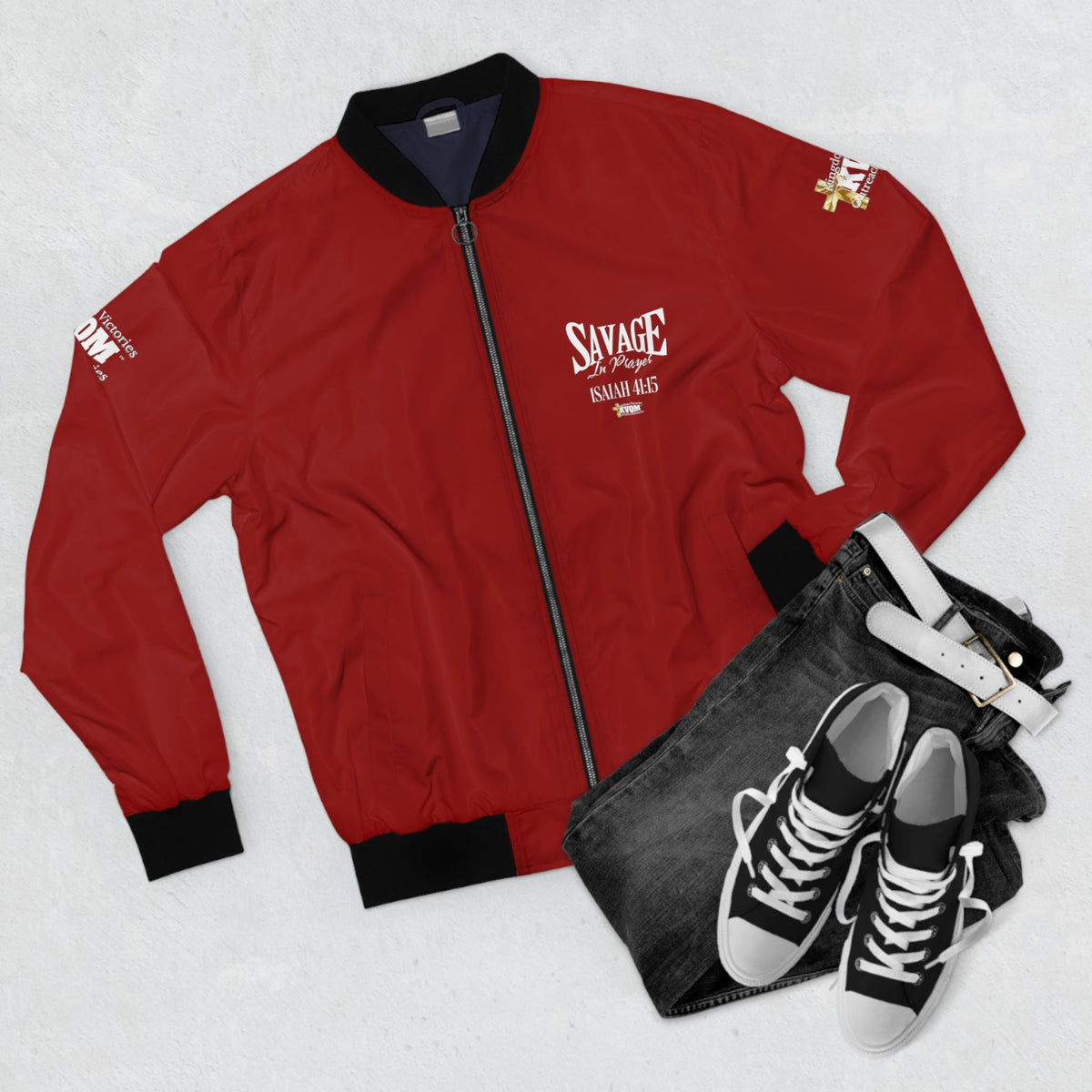 Savage In Prayer Bomber Jacket, Blood Red-KVOM