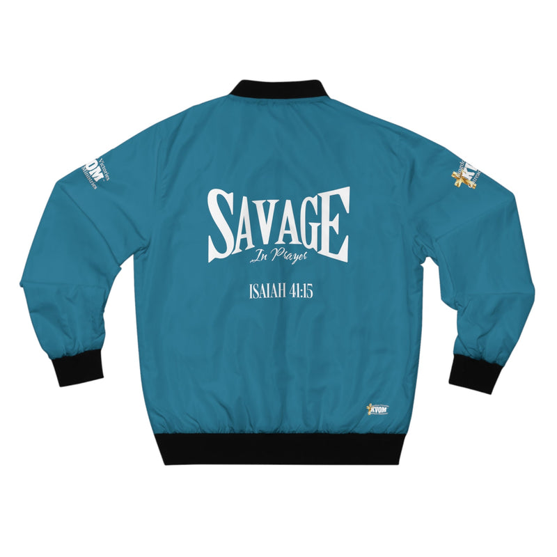 Savage In Prayer Bomber Jacket, Blue Jade-KVOM