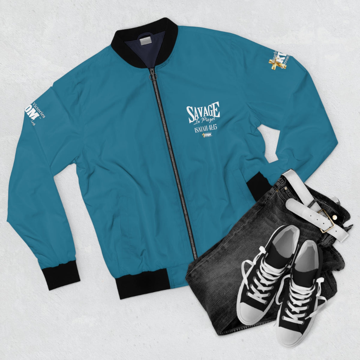 Savage In Prayer Bomber Jacket, Blue Jade-KVOM