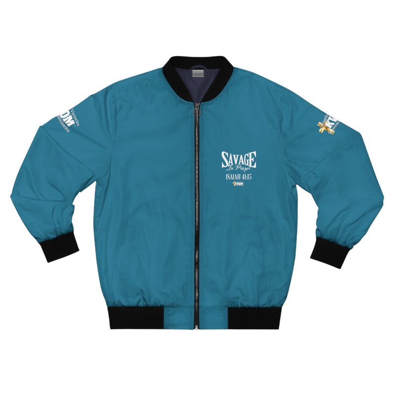 Savage In Prayer Bomber Jacket, Blue Jade-KVOM