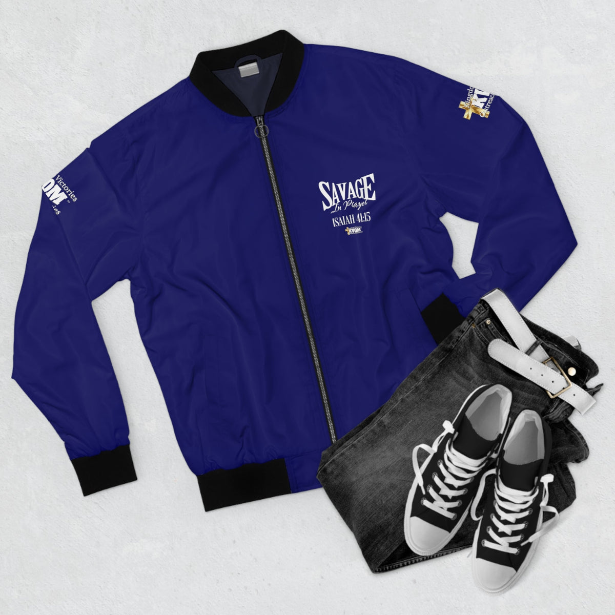 Savage In Prayer Bomber Jacket, Blue Royal-KVOM