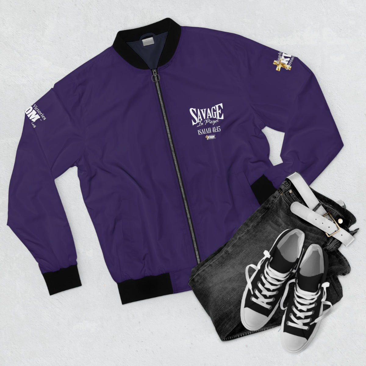 Savage In Prayer Bomber Jacket, Eggplant-KVOM