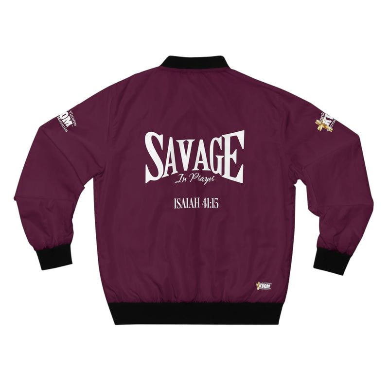 Savage In Prayer Bomber Jacket, Maroon-KVOM