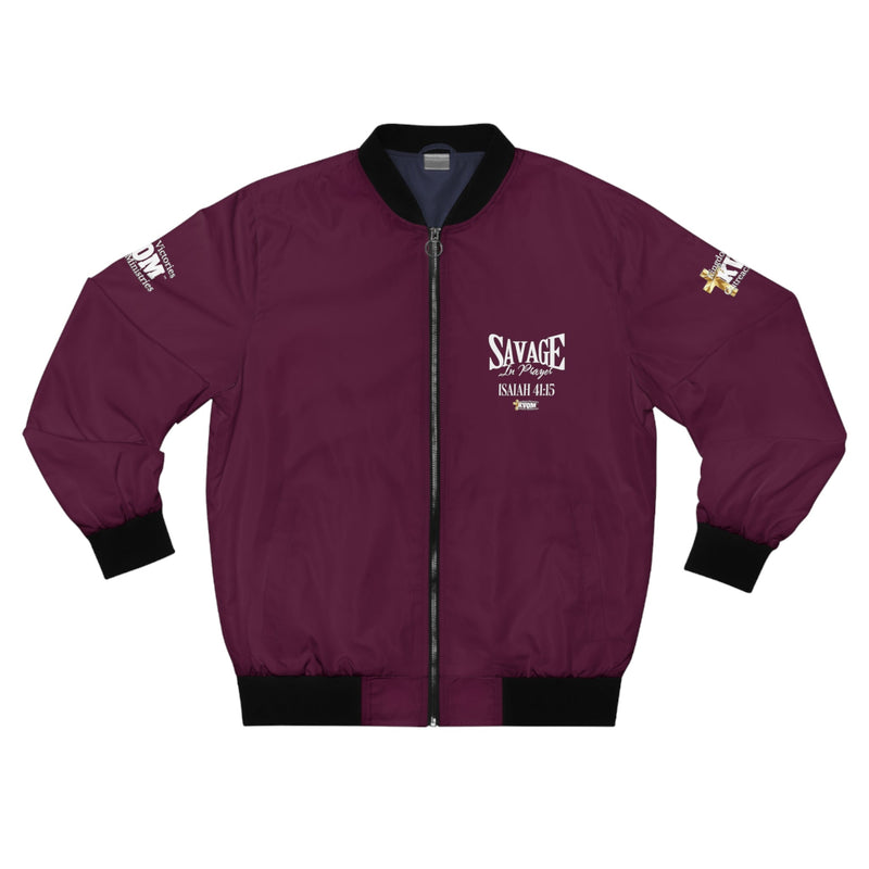 Savage In Prayer Bomber Jacket, Maroon-KVOM