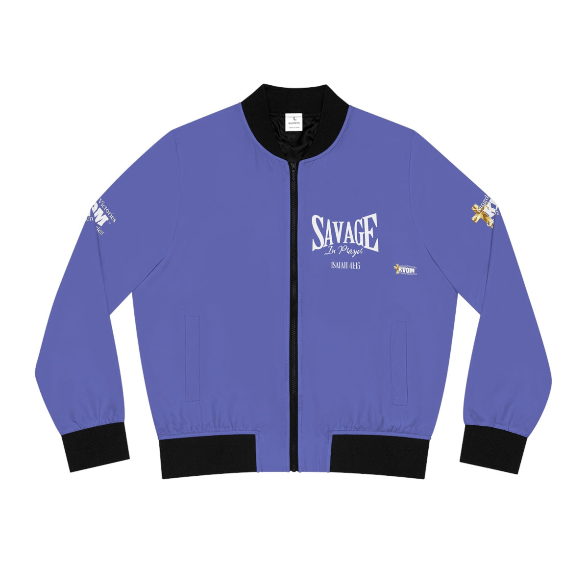 Savage in Prayer Women's Bomber Jacket, Blue Suede-KVOM