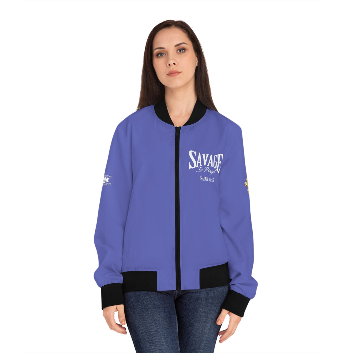 Savage in Prayer Women's Bomber Jacket, Blue Suede-KVOM