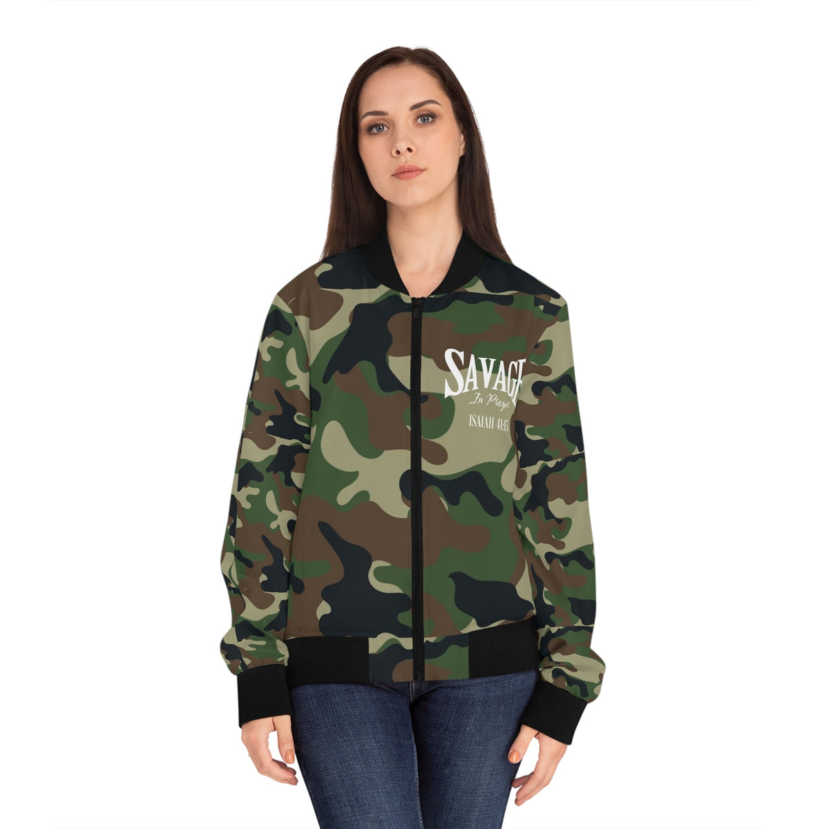 Savage in Prayer Women's Bomber Jacket, Green Camo-KVOM