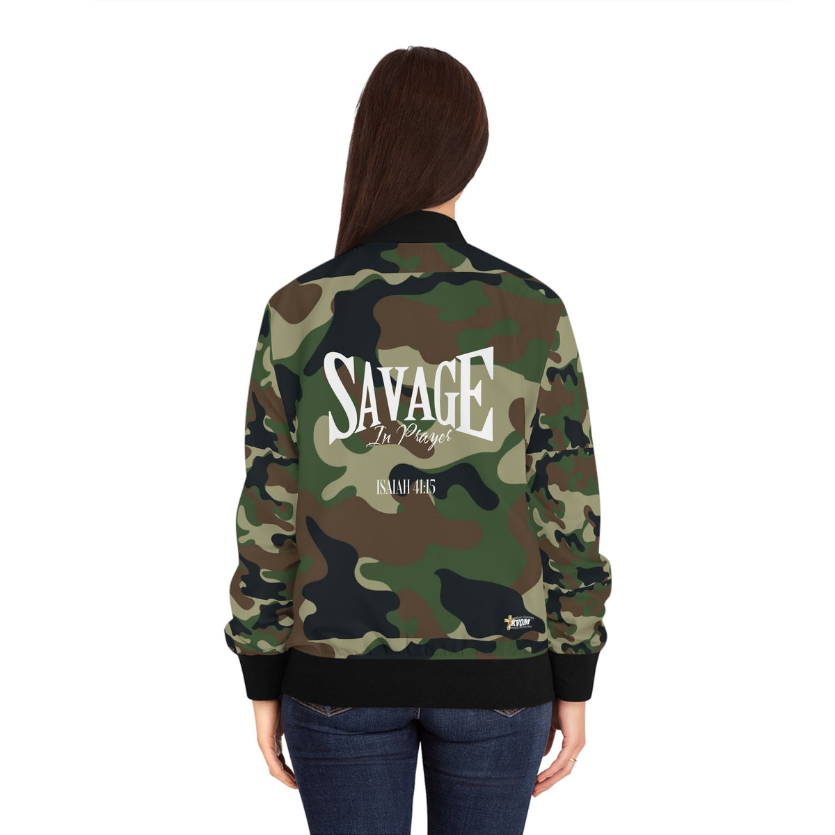 Savage in Prayer Women's Bomber Jacket, Green Camo-KVOM