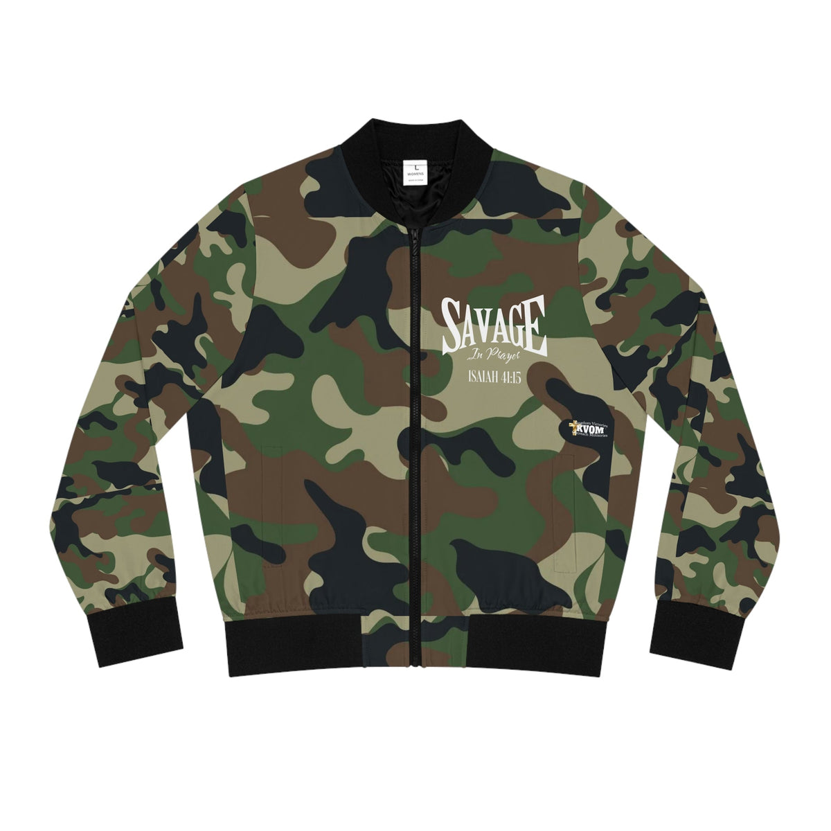 Savage in Prayer Women's Bomber Jacket, Green Camo-KVOM