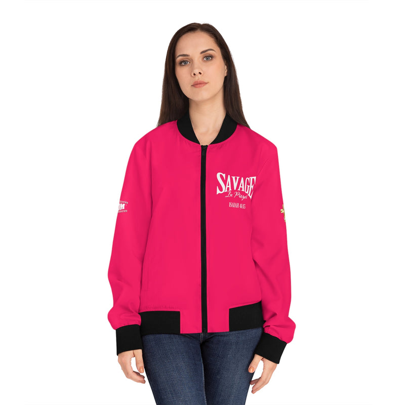 Savage in Prayer Women's Bomber Jacket, Siren Alarm Pink-KVOM