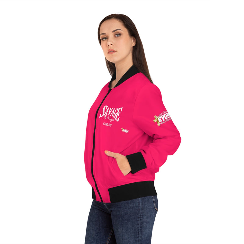 Savage in Prayer Women's Bomber Jacket, Siren Alarm Pink-KVOM