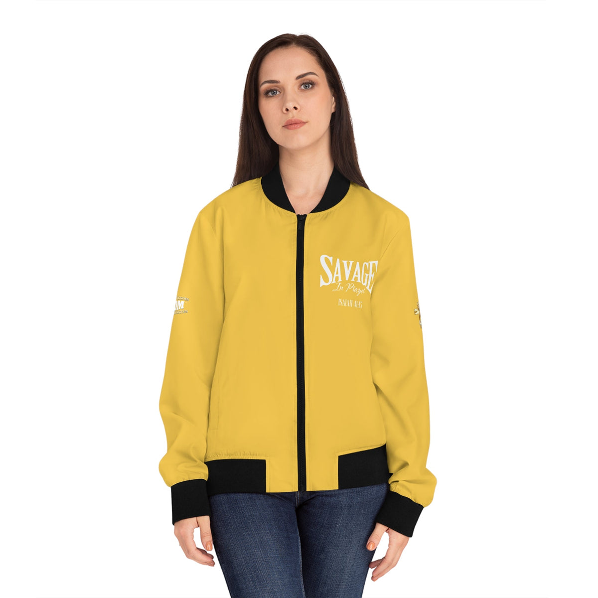 Savage in Prayer Women's Bomber Jacket, Yellow Gaze-KVOM