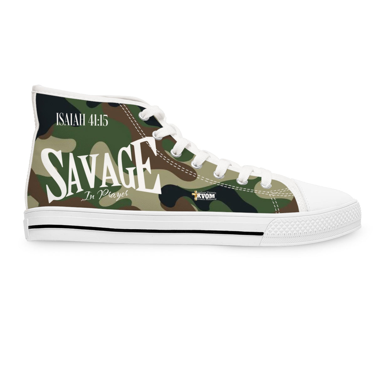 Savage in Prayer Women's High Top Sneakers, Green Camo-KVOM; KVOM Christian Clothing; Women’s Activewear; Workout Gear; Exercise Gear; Exercise Clothing; Duffle Bags; Christian Gym Bags; Women’s T-Shirts; Men’s T-Shirts Sale; Ladies Sports Tops; Ladies Sportswear; Activewear; Men’s Activewear; Gym Clothes; Glorious; Psalms; Blessings On Blessings; Teens Clothing; Exercise Mugs; Exercise Tumbler; Gym Gear; Christian Gym Clothes; Workout Clothing Sale; Mother’s Day Sale; Gifts For Sister; Christian Gifts; Gif